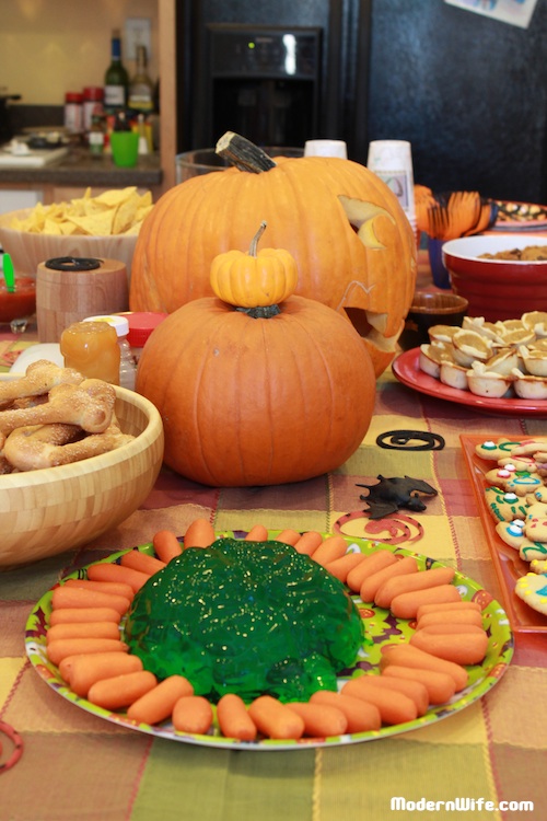 Halloween Party Food Jello in Brain Mold with Cut Carrots